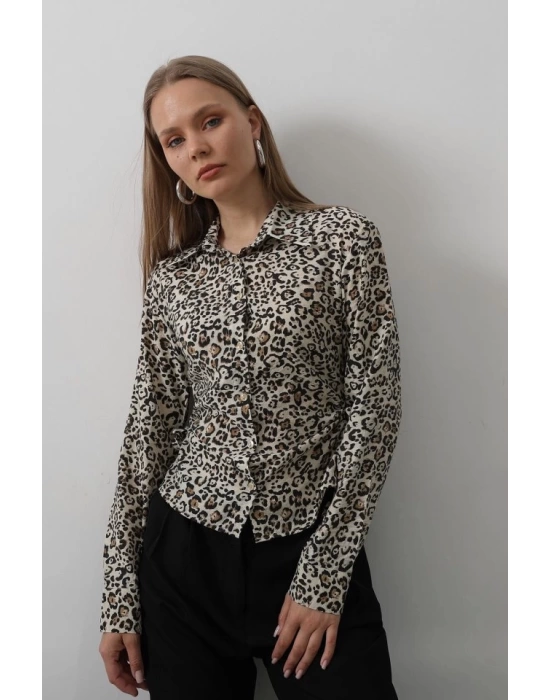 Yanları Büzgülü Leopar Gömlek - Leopar