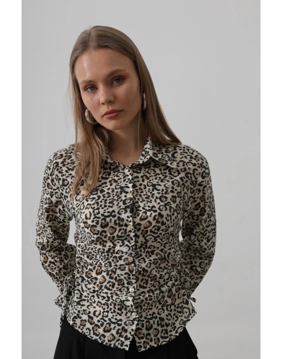 Yanları Büzgülü Leopar Gömlek - Leopar