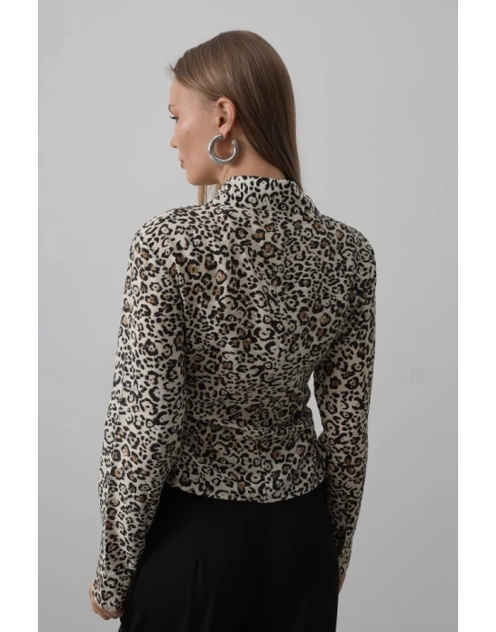 Yanları Büzgülü Leopar Gömlek - Leopar