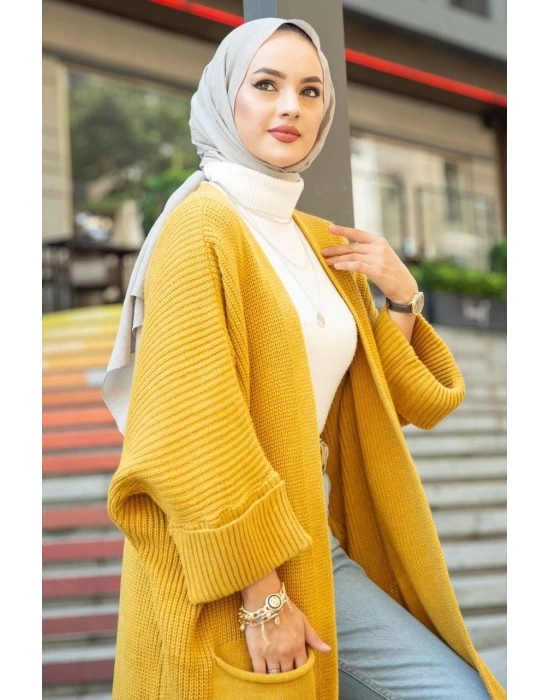 Yarasa kol uzun triko hırka hardal