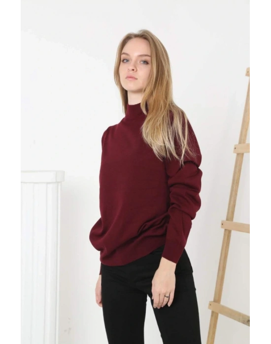 Yarım Boğaz Triko Kazak Yumuşak Dokulu Pamuklu Ince Dokuma, Uzun Kollu Rahat Regular Kalıp - Bordo