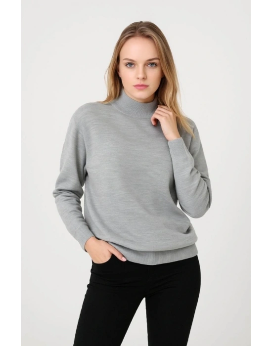 Yarım Boğaz Triko Kazak Yumuşak Dokulu Pamuklu Ince Dokuma, Uzun Kollu Rahat Regular Kalıp - Gri