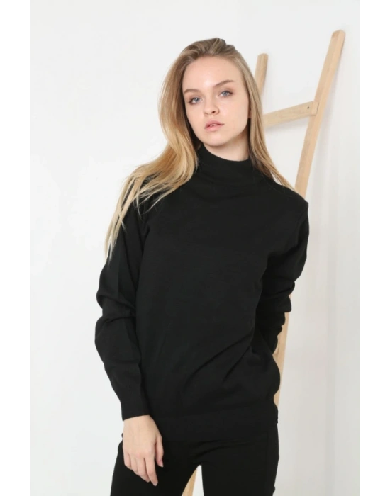 Yarım Boğaz Triko Kazak Yumuşak Dokulu Pamuklu Ince Dokuma, Uzun Kollu Rahat Regular Kalıp - Siyah