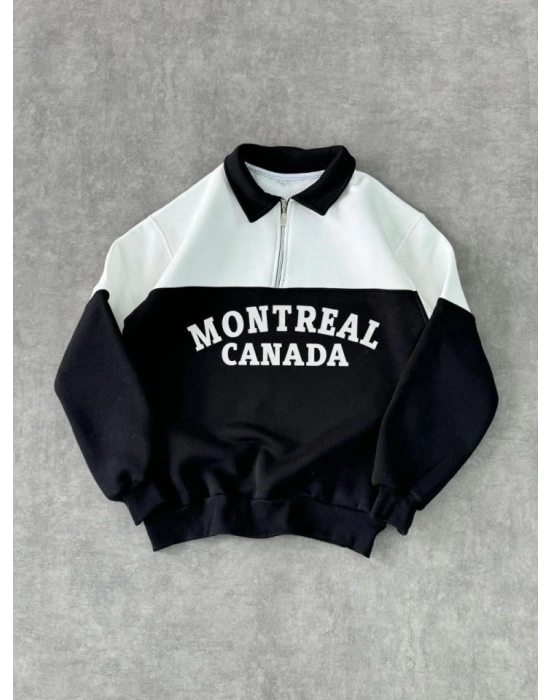 Yarım Fermuarlı Parçalı Yakalı SweatShirt - Siyah
