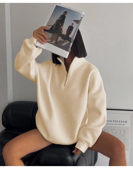 Yarım Fermuarlı Üç İplik Sweatshirt - Bej