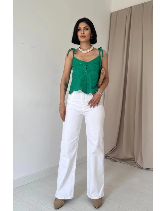Yeşil Bağcıklı Brode Bluz
