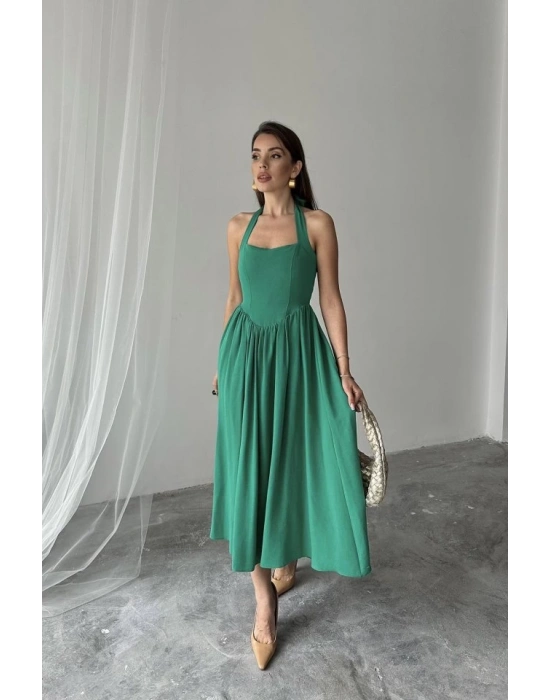 Yeşil Boyundan Bağlamalı Keten Elbise