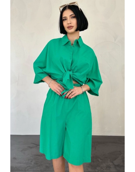Yeşil Kısa Kollu Keten Gömlek Ve Şort Takım