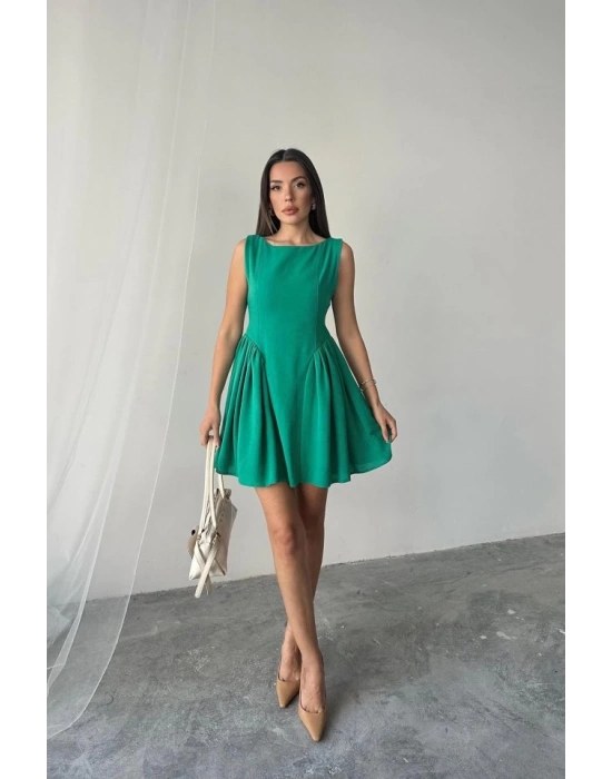 Yeşil Mini Boy Büzgülü Keten Elbise