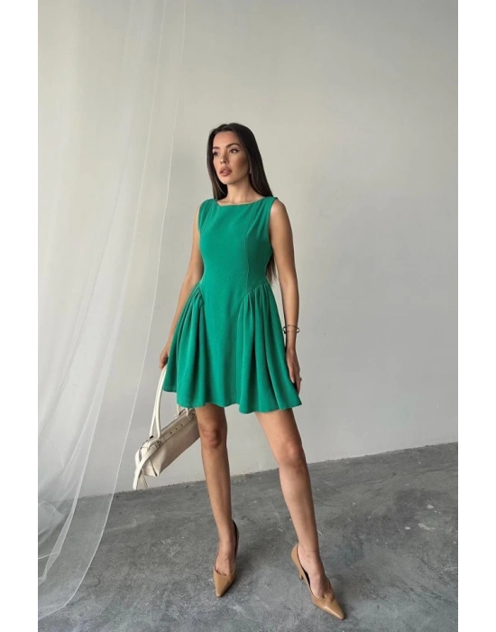 Yeşil Mini Boy Büzgülü Keten Elbise