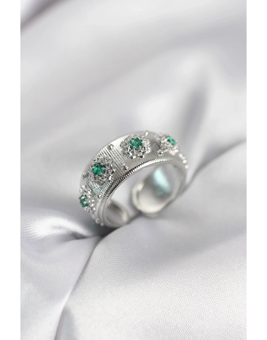 Yeşil Zirkon Taşlı Gümüş Renk Vintage Kadın Yüzük