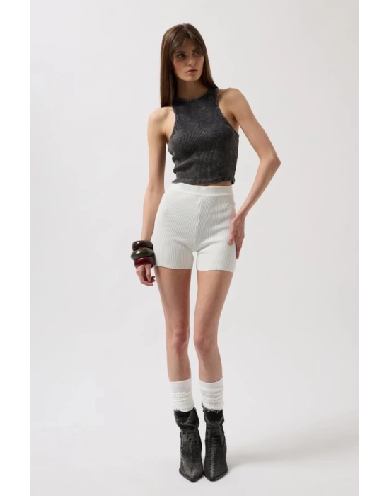 Yıkamalı Halter Yaka Crop Bluz