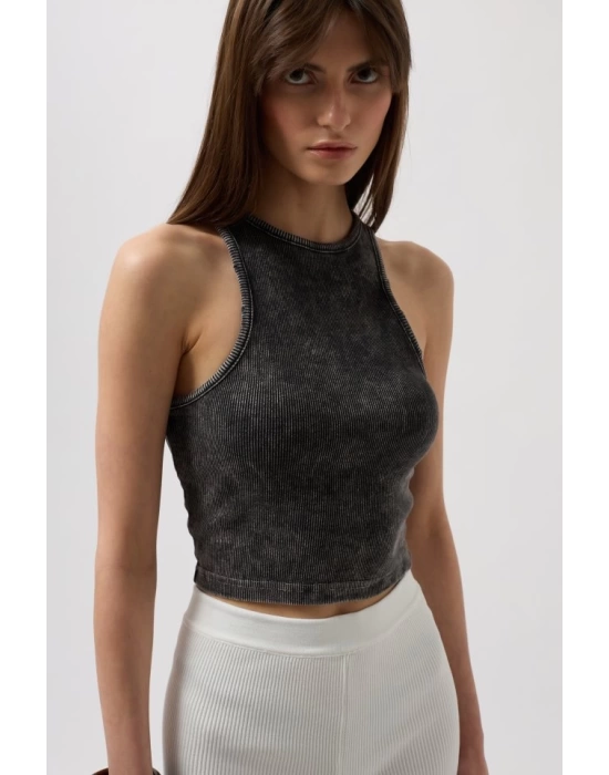 Yıkamalı Halter Yaka Crop Bluz