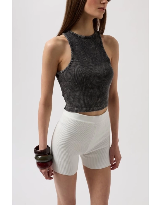 Yıkamalı Halter Yaka Crop Bluz