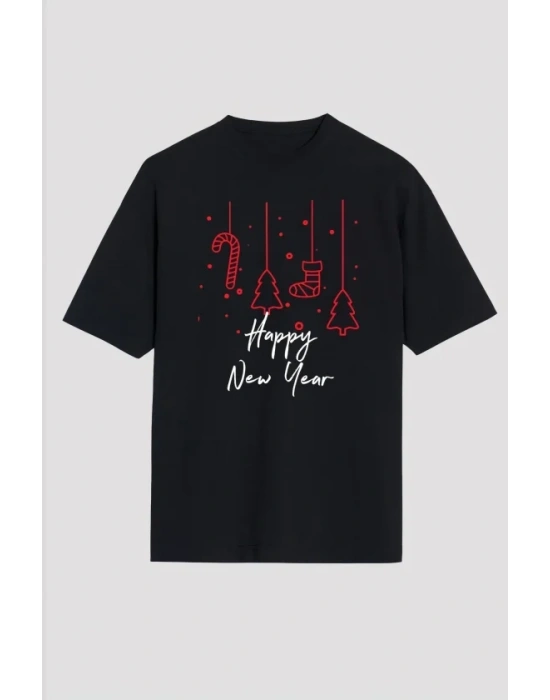 Yılbaşı Happy New Year Baskılı Kısa Kollu Oversize Bisiklet Yaka T-shirt - Siyah