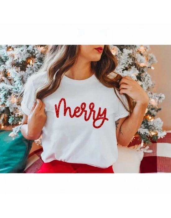 Yılbaşı Merry Christmas Baskılı Kısa Kollu Oversize Bisiklet Yaka T-shirt - Beyaz