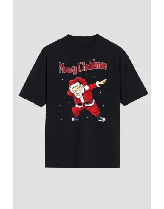 Yılbaşı Merry Christmas Noel Baba Baskılı Oversize Bisiklet Yaka T-shirt - Siyah