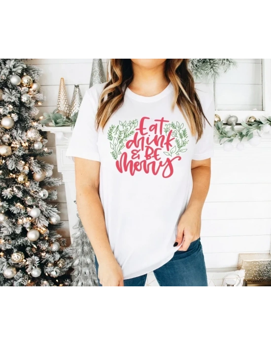 Yılbaşı Noel Baskılı Kısa Kollu Oversize Bisiklet Yaka T-shirt - Beyaz