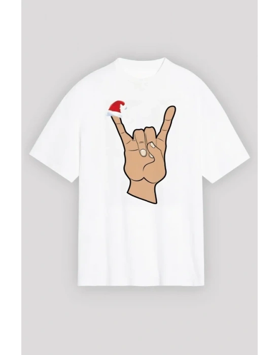 Yılbaşı Noel Başlıklı Serçe Parmak Baskılı Oversize Bisiklet Yaka T-shirt - Beyaz