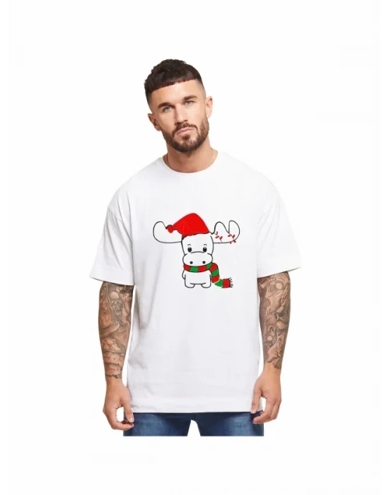 Yılbaşı Noel Ren Geyiği Baskılı Kısa Kollu Oversize Bisiklet Yaka T-shirt - Beyaz