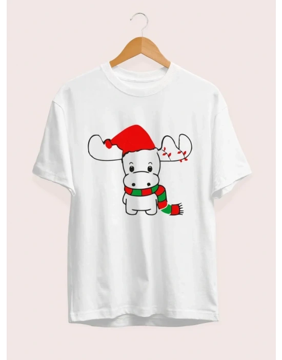 Yılbaşı Noel Ren Geyiği Baskılı Kısa Kollu Oversize Bisiklet Yaka T-shirt - Beyaz