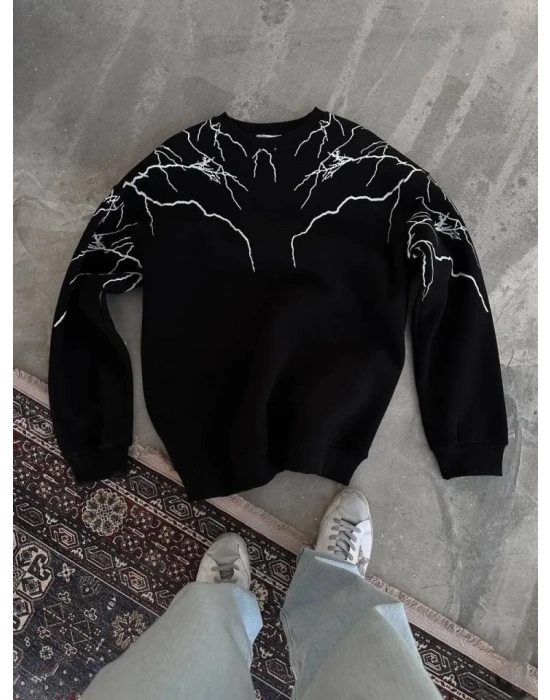 Yıldırım Baskılı Bisiklet Yaka SweatShirt - Siyah