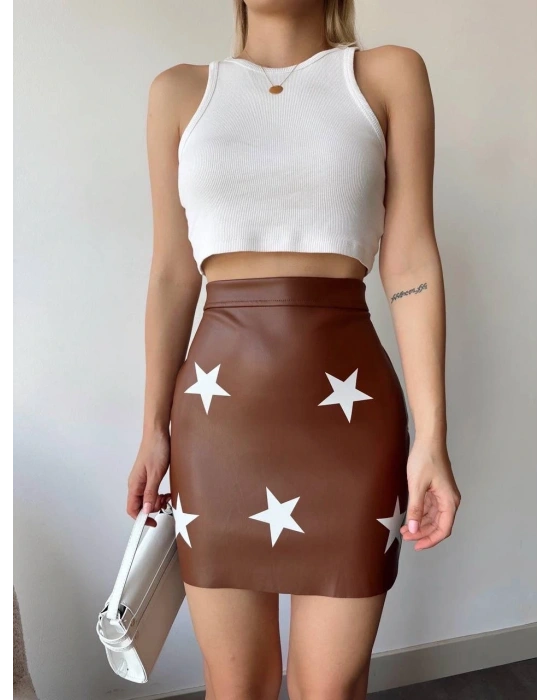 Yıldız baskılı deri etek kahve