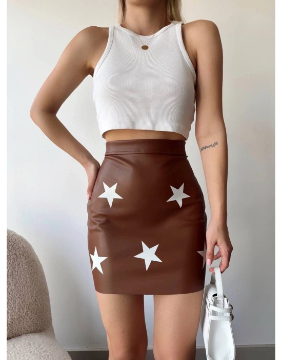 Yıldız baskılı deri etek kahve