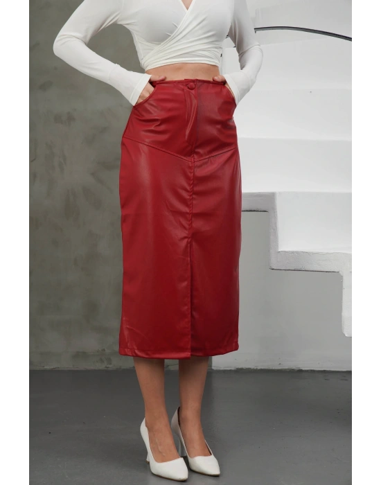 Yırtmaçlı uzun deri etek bordo