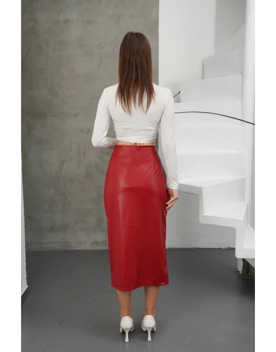 Yırtmaçlı uzun deri etek bordo