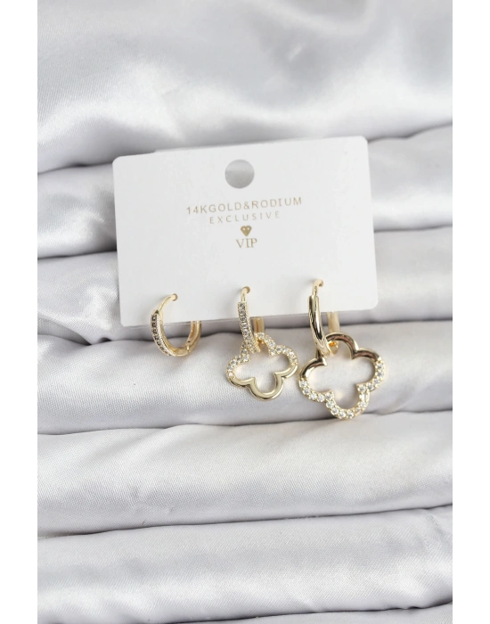 Yonca Model Gold Renk Pirinç 3lü Kadın Küpe Seti