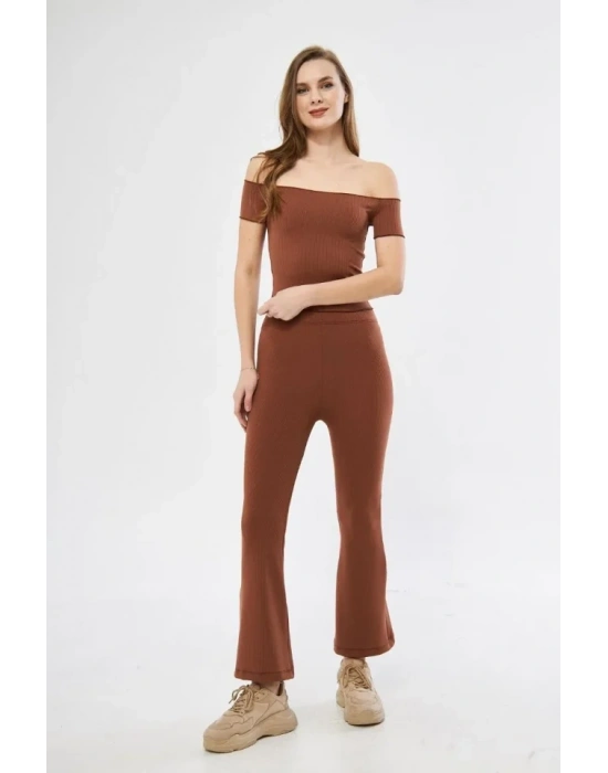 Yüksel Bel Fitilli İspanyol Paça Tayt - Kahve