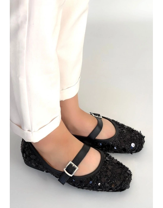 Zaty Siyah Süet Siyah Pullu Babet Ayakkabı