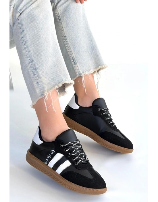 Zerti Siyah Cilt Bağcıklı Spor Ayakkabı