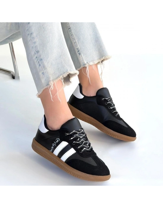 Zerti Siyah Cilt Bağcıklı Spor Ayakkabı