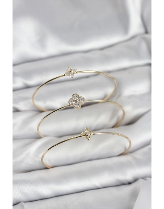 Zirkon Taşlı Gold Renk Yonca Tasarım 3lü Kadın Bileklik Kombini