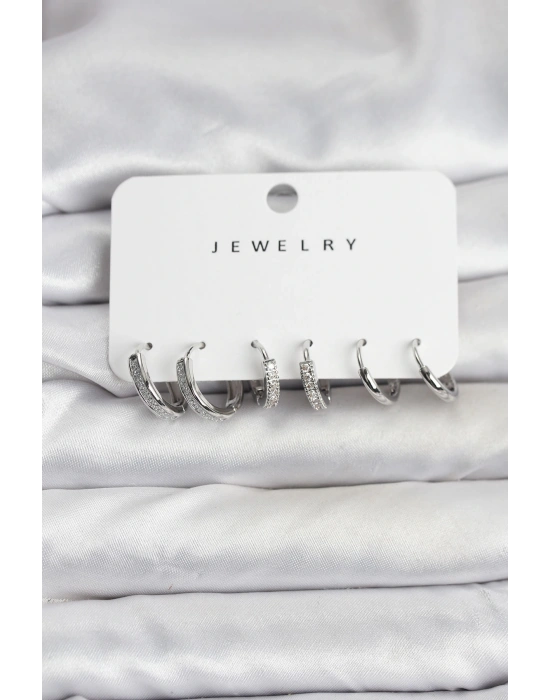 Zirkon Taşlı Gümüş Renk Pirinç Kadın Küpe Seti