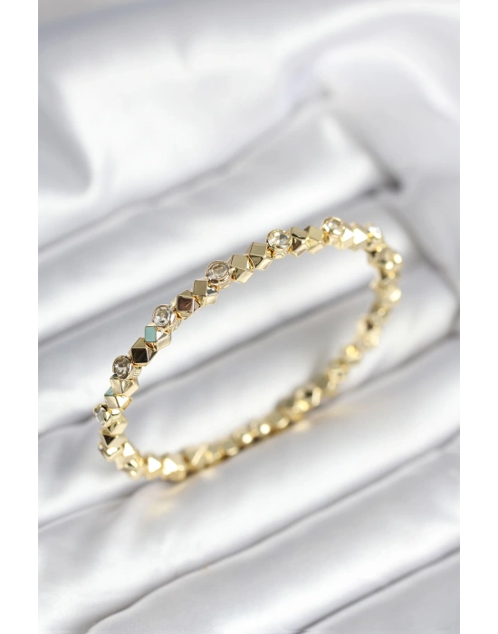Zirkon Taşlı Küp Şerit Model Pirinç Gold Renk Kadın Bileklik