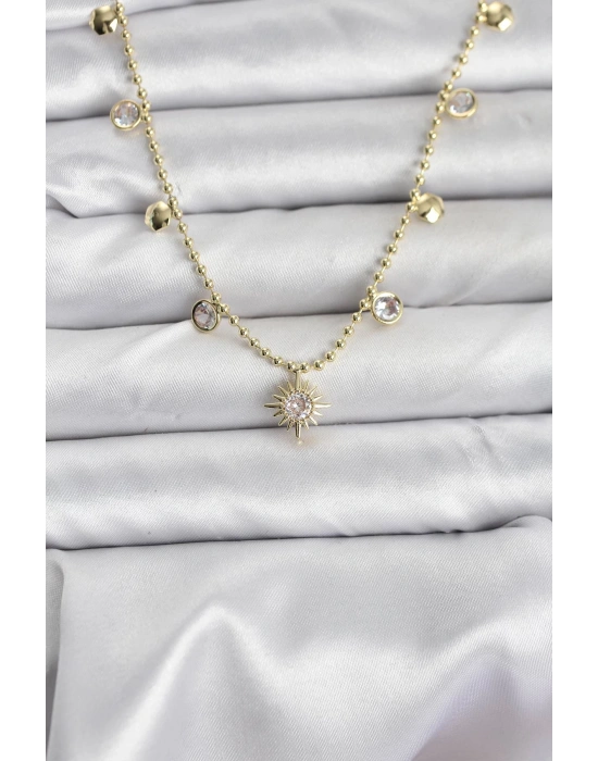 Zirkon Taşlı Kutup Yıldızı Model Pirinç Gold Renk Kadın Kolye