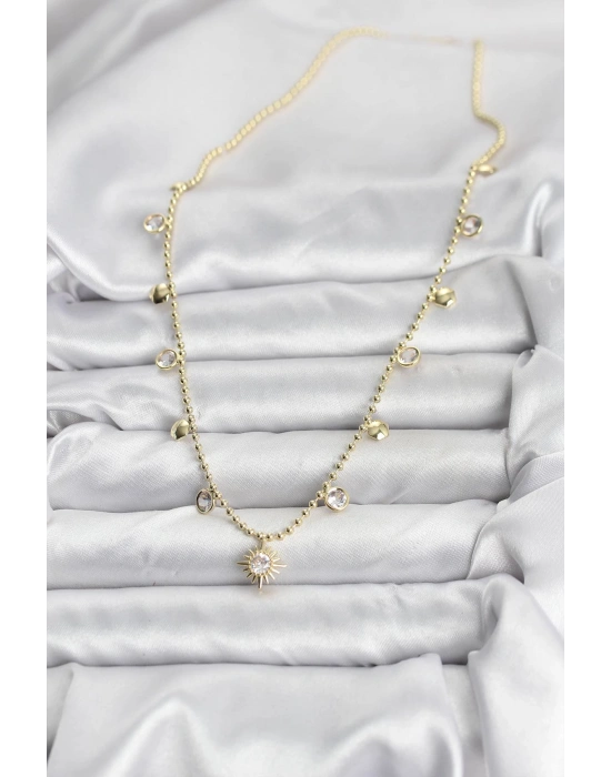 Zirkon Taşlı Kutup Yıldızı Model Pirinç Gold Renk Kadın Kolye