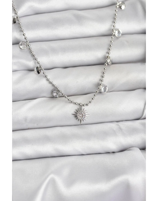 Zirkon Taşlı Kutup Yıldızı Model Pirinç Gümüş Renk Kadın Kolye