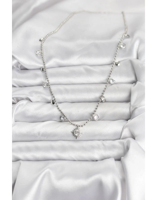 Zirkon Taşlı Kutup Yıldızı Model Pirinç Gümüş Renk Kadın Kolye