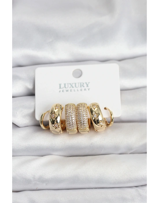 Zirkon Taşlı Pirinç Gold Renk Halka Kadın Küpe Seti