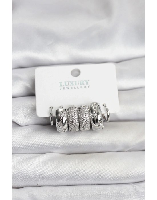 Zirkon Taşlı Pirinç Gümüş Renk Halka Kadın Küpe Seti