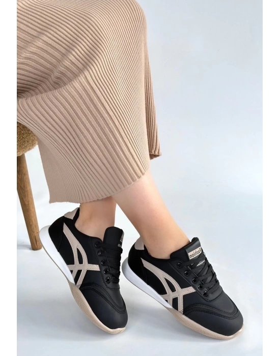 Zlay Siyah Cilt Bej Detaylı Bağcıklı Spor Ayakkabı
