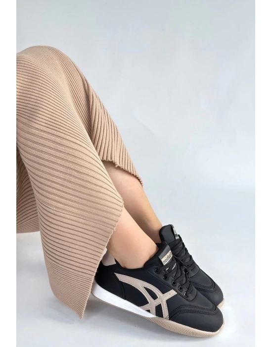 Zlay Siyah Cilt Bej Detaylı Bağcıklı Spor Ayakkabı