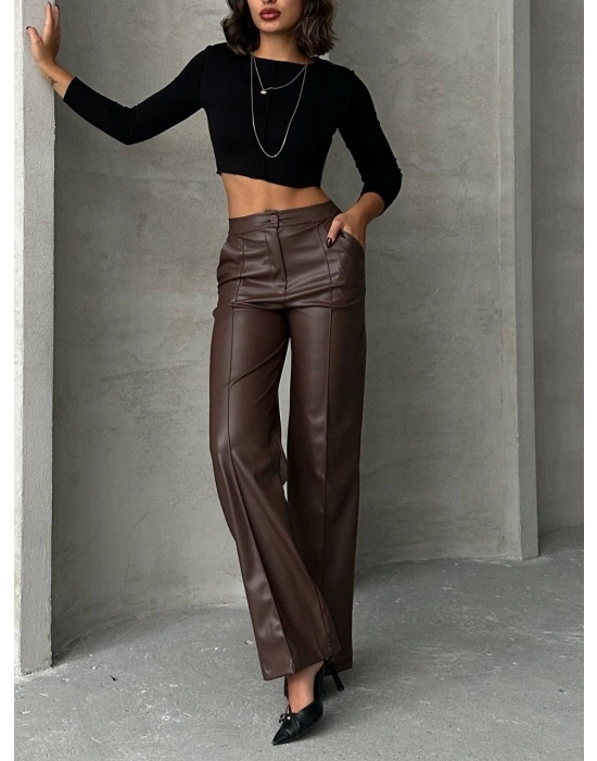 Zr deri palazzo pantolon kahve h24654