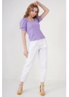 0409 Kare Yaka Örme Bluz - Lila