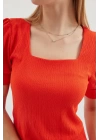 0409 Kare Yaka Örme Bluz - Oranje