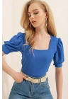 0409 Kare Yaka Örme Bluz - Saks